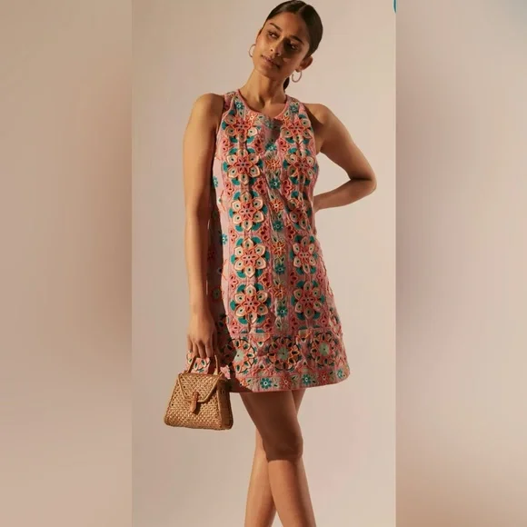 Anthropologie | Dresses | Anthropologie Beaded Dress With Pink And Orange  Floral Patterns | Poshmark